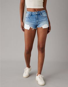 AE Next Level High-Waisted Ripped Denim Short Short Cute Jean Shorts, Rush Outfits, Preppy Tops, Bday List, American Eagle Jean Shorts, Summer Things, Summer Stuff, Ripped Jean Shorts, Ripped Denim Shorts