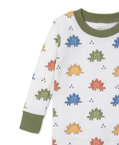 Drift into dreamland in our playfully patterned two piece pajama set. Featuring an all over dino print and made from super-soft Pima cotton, your baby is sure to get a good night's sleep! 100% Pima Cotton Made in Peru Snug-fitting, not flame resistant Machine wash cold; tumble dry low Long Sleeve Green Sleepwear For Playwear, Cotton Long Sleeve Dinosaur Print Set, Cotton Long Sleeve Sets With Dinosaur Print, Playful Printed Sleep Tops, Playful Green Cartoon Print Sleepwear, Long Sleeve Cartoon Print Bedtime Tops, Playful White Dinosaur Print Top, White Long Sleeve Dinosaur Print Top, Long Sleeve Tops With Dinosaur Print For Playtime