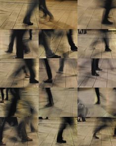 multiple images of people walking down the street with their legs spread out in different directions