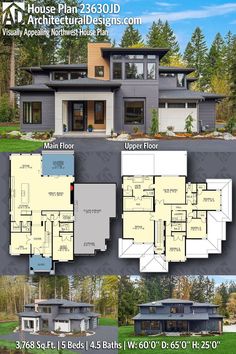 two story house plan with 3 car garages and lots of space for the living room