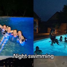 people are in the water at night and swimming