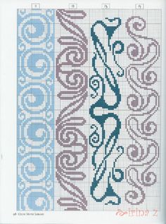 a cross stitch pattern with blue and pink designs on the bottom, one has an ornate design