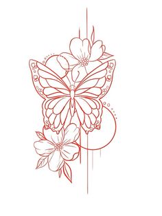 a drawing of a butterfly and flowers on a white background