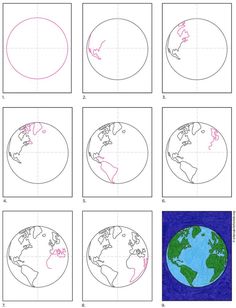 how to draw the earth in four different ways with pictures on each side and numbers below