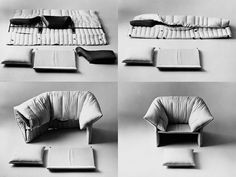 four different views of a couch made out of folded sheets and other furniture pieces, all in black and white