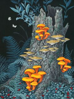 a painting of orange mushrooms growing on a tree stump