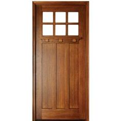 a wooden door with two side panels and windows on the top panel, in front of a white background