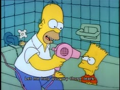 the simpsons character is blow drying his hair in the bathroom with another cartoon character behind him