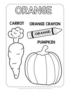 an orange crayon coloring page with the words carrot, orange crayon and pumpkin