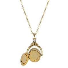 A style popularized by Queen Victoria, this locket spinner necklace features a simulated carnelian and ivory colored cameo set on an etched gold-tone frame. This locket holds a keepsake close and adds a beautiful vintage feel to any ensemble. A style popularized by Queen Victoria, this locket spinner necklace features a simulated carnelian and ivory colored cameo set on an etched gold-tone frame. This locket holds a keepsake close and adds a beautiful vintage feel to any ensemble. Drop length: 1 Gold Medallion Locket Necklace With Lobster Clasp, Gold Necklaces With Detachable Pendant For Collectors, Collectible Gold Jewelry With Detachable Pendant, Vintage Gold Locket Necklace With Lobster Clasp, Gold Antique Locket Necklace With Charms, Antique Gold Locket Necklace With Charms, Antique Gold Jewelry With Detachable Pendant, Brass Medallion Locket Charm Necklaces, Brass Medallion Locket Charm Necklace