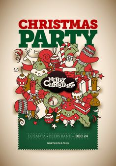 a christmas party flyer with lots of cartoon characters