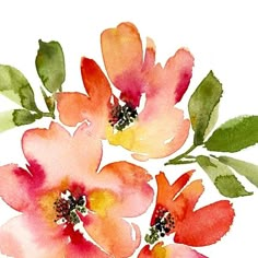 watercolor painting of pink flowers with green leaves