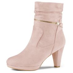 This high ankle boots featuring a chunky heel, round toe style finished with zipper closure for a bit of eye - catching movement every time you take a step.Round Toe Side Zip Booties;Slouchy Shaft Style;Ankle High Stylish Women Boots;Vamp: Faux Suede; Outsole: Rubber; Heel: ABS;Heel Height: 3 3/8 inches;Platform Height: 3/5 inches;Shaft Height: 6 1/9 inches. Western Dress With Boots, Diy Outfits, High Ankle Boots, Buckle Ankle Boots, Womens Chunky Heels, Tall Riding Boots, Block Heel Boots, Buckle Boots, Platform High Heels