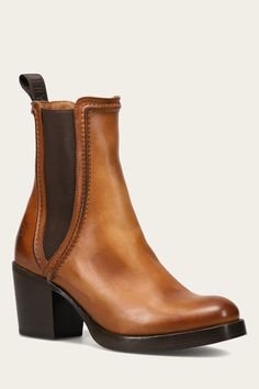 Jean Chelsea Boots for Women | The Frye Company Block Heel Boots With Heel Pull Tab, Medium Width, Heeled Boots With Heel Pull Tab And Block Heel, Casual Leather Platform Boots With Block Heel, Brown Chelsea Boots With Square Toe, Chelsea Boots With Heel Pull Tab For Fall, Leather Chelsea Boots With Stacked Square Heel, Casual Leather Platform Boots With Stacked Heel, Brown Chelsea Boots With Stacked Heel For Fall, Rugged Brown Heeled Boots With Reinforced Heel