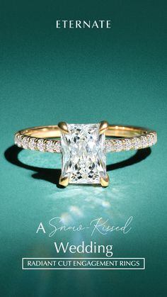 a princess cut diamond engagement ring on a green background