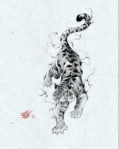 an ink drawing of a tiger running