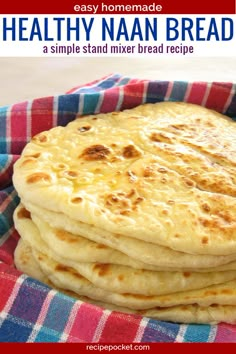 homemade healthy naan bread on a red and white checkered cloth with text overlay