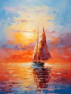 a painting of a sailboat in the ocean at sunset