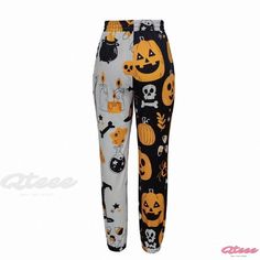 Qteee - Halloween-themed Loose Pants with Pumpkin Print Casual Black Pants For Halloween, Black Halloween Loungewear Pants, Fitted Casual Pants For Halloween, Casual Stretch Bottoms For Halloween, Stretch Cotton Halloween Bottoms, Black Bottoms For Halloween Costume, Casual Cotton Pants For Halloween, Fitted Cotton Bottoms For Halloween, Ghost Design