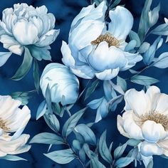 a painting of white flowers with green leaves on a dark blue background that looks like watercolor