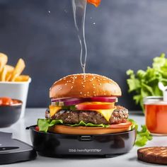 a hamburger being served with french fries and ketchup on the side by a toaster