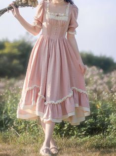 Pink Lace Outfit, Milk Maid Dress, Romantic Academia Aesthetic Outfit Pink, Cottagecore Tea, Dress With Apron, French Girly