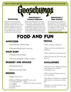 an advertisement for goosebumps with information about the food and fun items in it