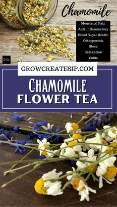 chamomile flower tea with text overlay