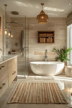 a bath room with a tub a sink and a rug on the floor in front of a window