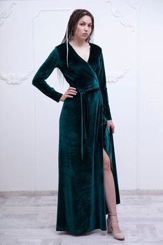 Wrap green velvet dress. Formal velvet dress floor length. Long formal gown women - available in 5 c Winter Prom Maxi Dress, Winter Banquet Floor-length Maxi Dress, Winter Floor-length Maxi Dress For Banquet, Green Velvet Dress For Fall, Green Maxi Evening Dress For Winter, Green Velvet Fall Dress, Elegant Green Velvet Dress For Fall, Belted Floor-length Party Dress, Floor-length Belted Party Dress