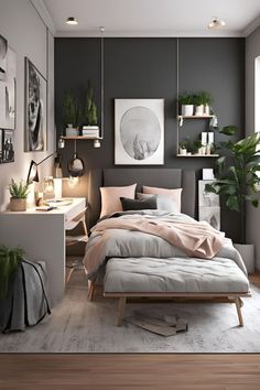 a bedroom with grey walls and wooden floors, plants on the shelves above the bed