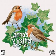 the cross stitch pattern shows three birds sitting on leaves