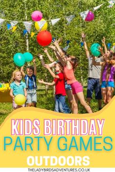 kids birthday party games outdoors with balloons and streamers in the air for children to play