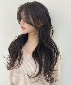 Long Thin Hair with Curtain Bangs Long Layers With Curtain Bangs Thick Wavy Hair, Long Layers With Curtain Bangs Wavy Hair, Curtain Bangs Thick Hair, Bangs Aesthetic, Caramel Blonde Hair, Long Length Hair, Summer Haircuts, Long Hairstyle, Aesthetic Korean