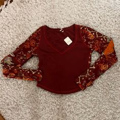 Free People Long Sleeve Garnet Shirt With Embroidered Floral Sleeves Size Medium. V-Neck. New With Tags! Fall V-neck Blouse With Embroidered Sleeves, Casual V-neck Top With Embroidered Sleeves, Fitted V-neck Top For Festival, Stretch V-neck Top For Festival, Bohemian V-neck Top With Embroidered Sleeves, Fall Embroidered V-neck Blouse, V-neck Festival Tops For Fall, Embroidered Stretch Long Sleeve Tops, Fall V-neck Patchwork Blouse