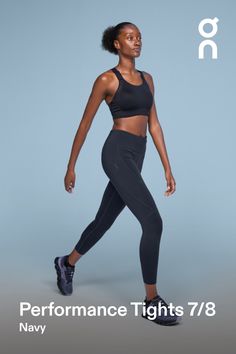 The performance-ready running tights with added storage for your phone, keys, and more – now in a 7/8 cropped length. Pair with your favorite On layers and trainers | On Women's Performance Tights 7/8 in Navy, Size: XS. Training and racing, moisture-wicking, versatile Road Running, Trail Running. Performance Outdoor | Recycled Polyester/Polyamide Functional Athletic Fit Leggings For Running, Functional Athletic Fit Running Leggings, Athletic Fit Leggings For Running, Black Compressive Activewear For Running Errands, Sporty Running Leggings With Medium Support, Sporty Medium Support Leggings For Running, Running Tights Women, Athletic Tights, Running Trail