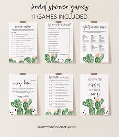 the bridal shower games are lined up on top of each other with cactus designs