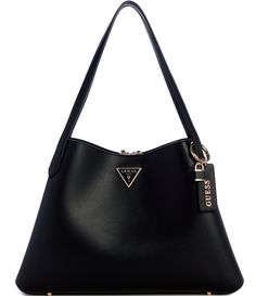 From Guess&#x2C; the Sora Girlfriend Carryall Tote Bag features:Calf PUUnlinedShiny gold hardware2 mag-snap pocketsMiddle zip pocketSlip shoulder strapsApprox.: 10.25"-15" x 4.25" x 10"Imported. Carryall Tote, Famous Models, Black Leather Handbags, Dillard's, Black Tote Bag, Tote Handbags, Leather Handbags, Top Handle Bag, Black Leather