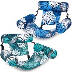 two blue and white seat covers with palm leaves on the front, one has a black strap