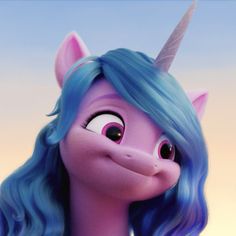 a close up of a cartoon character with blue hair and an unicorn like face, looking at the camera