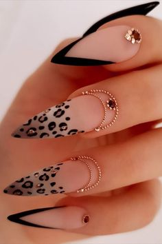 Black stiletto nails french tip with two accent leopard stiletto nails and rhinestones design! Black And White Nail, White Nail, Leopard Print, Nail Art, Black And White, Nails, Gold, White, Black