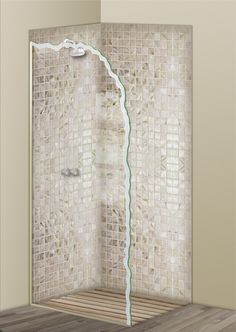 an open shower door in a bathroom with wood flooring and beige walls, along with a tile pattern on the wall