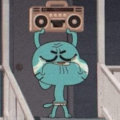 a cartoon character holding up a boombox on top of his head while standing in front of a door