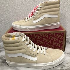 These Sneakers Are New And Comes From A Smoke Free Home Mid-top Suede Sneakers For Winter, Winter Mid-top Suede Sneakers, Winter Suede Mid-top Sneakers, Casual Suede Sneakers For Winter, Casual Winter Suede Sneakers, Vans Cream Low-top Sneakers, Cream Low-top Vans Sneakers, Vans Beige Sneakers For Streetwear, White High-top Sneakers With Laces For Winter