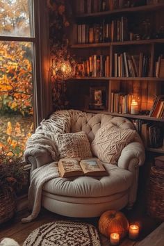 Fall reading nook set up in a converted tool shed with distressed furniture and vintage books Nook Inspiration, Cozy Ideas, Fall Reading, Innovative Ideas, Cozy Reading Nook, Cozy Nook, Cozy Interior