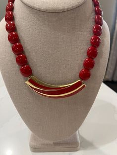 Vintage Trifari Red And Gold Enamel Beaded Choker Necklace - 1980s/Statement Necklace/Retro Choker/Disco Nightlife.  In good used condition. Handmade Red Retro Beaded Necklaces, Handmade Red Beaded Retro Necklace, Handmade Retro Red Beaded Necklaces, Retro Red Beaded Necklace, Enamel Beads, Vintage Trifari, Beaded Choker Necklace, Choker Necklaces, Gold Enamel