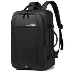 a black backpack with straps on the front and back side, it has a zippered pocket