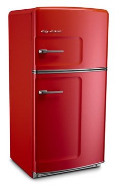 a red refrigerator freezer sitting on top of a white floor