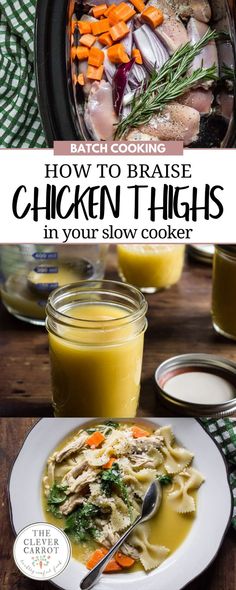 chicken thighs in slow cooker with text overlay that reads how to raise chicken thighs in your slow cooker