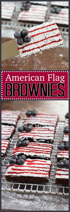 an american flag brownie with blueberries on top and the words, american flag brownies